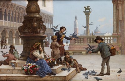 Children Feeding Pigeons in Venice by Antonio Ermolao Paoletti